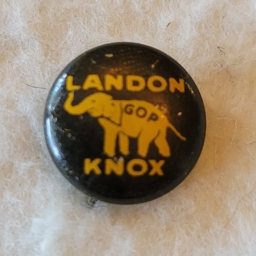 Vintage 1930s Political Landon and Knox with GOP Elephant Tin Pin Button